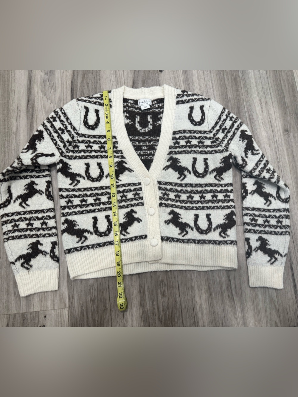 Nicole Miller Cream & Black Horse Motif Button-Front Cardigan